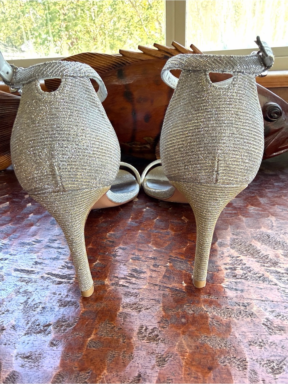 Stuart Weitzman Sparkle Glitter Strappy Heels Silver Gold 9M Wedding Nudist 75 - Picture 7 of 11